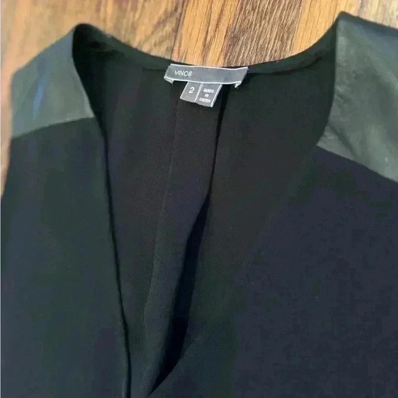 VINCE Leather Trimmed Little Black Dress Sleeveless Minimalist V Neck Size 2 - Picture 3 of 9